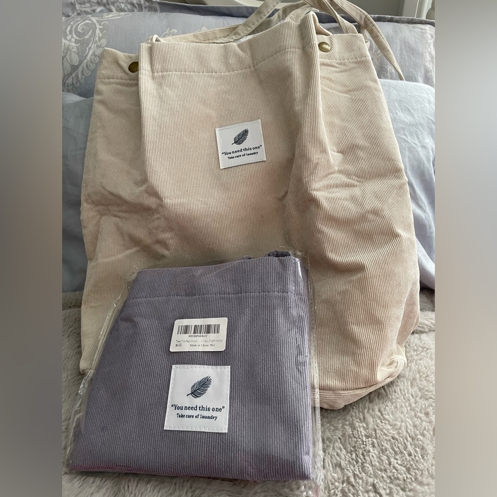 “You Need This One” Canvas Tote / Laundry Bag, Light Brown & Light Purple.